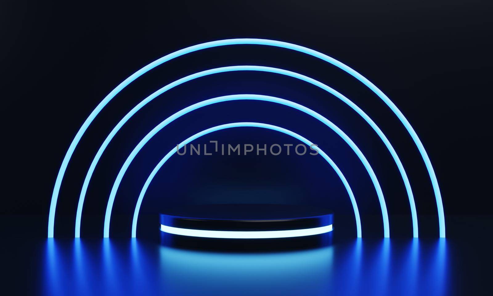 Modern round product showcase sci-fi podium with blue glowing light neon ring frame background. Technology and object concept. 3D illustration rendering by MiniStocker