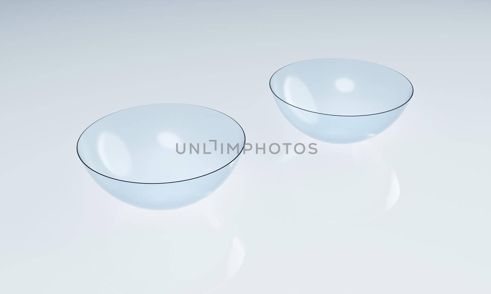Couple of contact lens on clean reflection floor in laboratory. Optics medical and healthcare concept. 3D illustration rendering