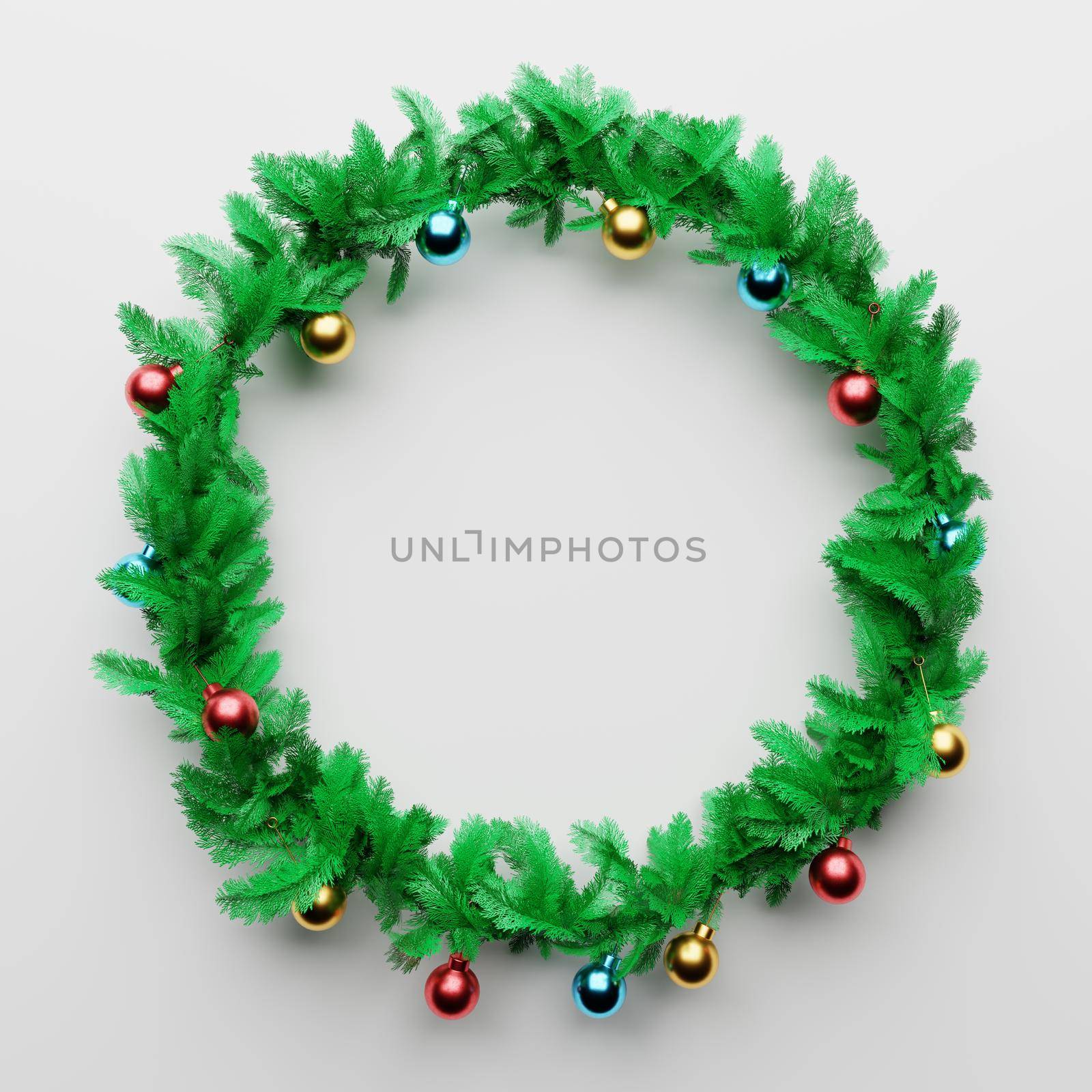 Christmas garland pine decoration with empty space in the middle on white background. Xmas holiday culture and new year concept. 3D illustration rendering by MiniStocker