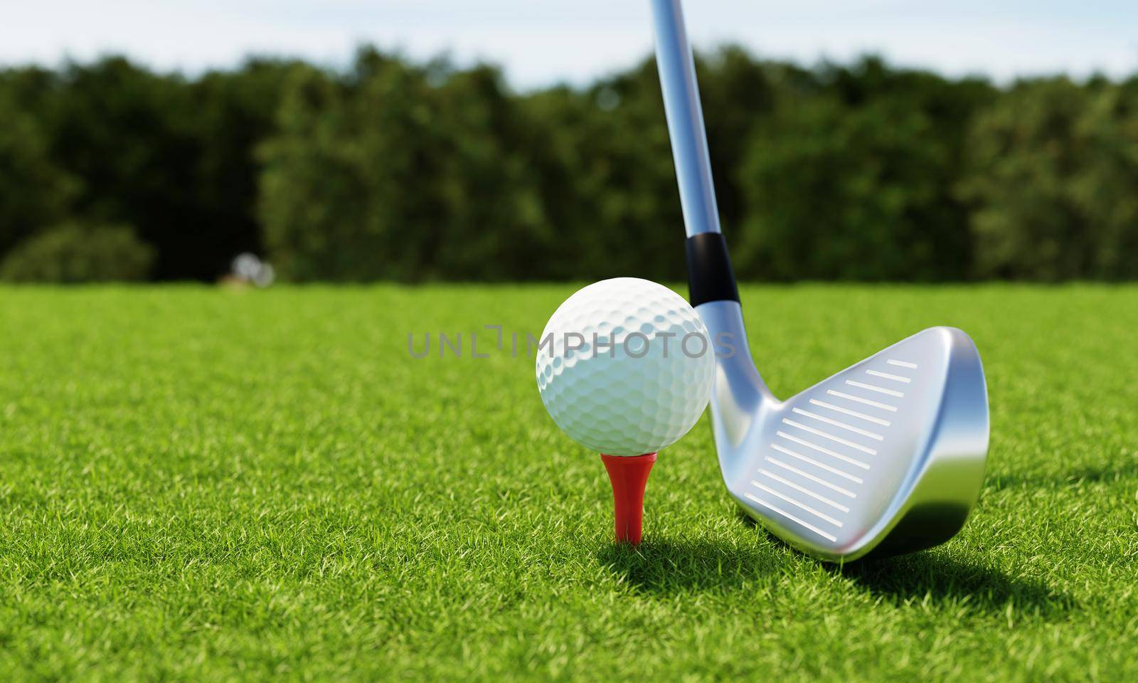 Golf ball on tee and golf club with fairway green background. Sport and athletic concept. 3D illustration rendering by MiniStocker