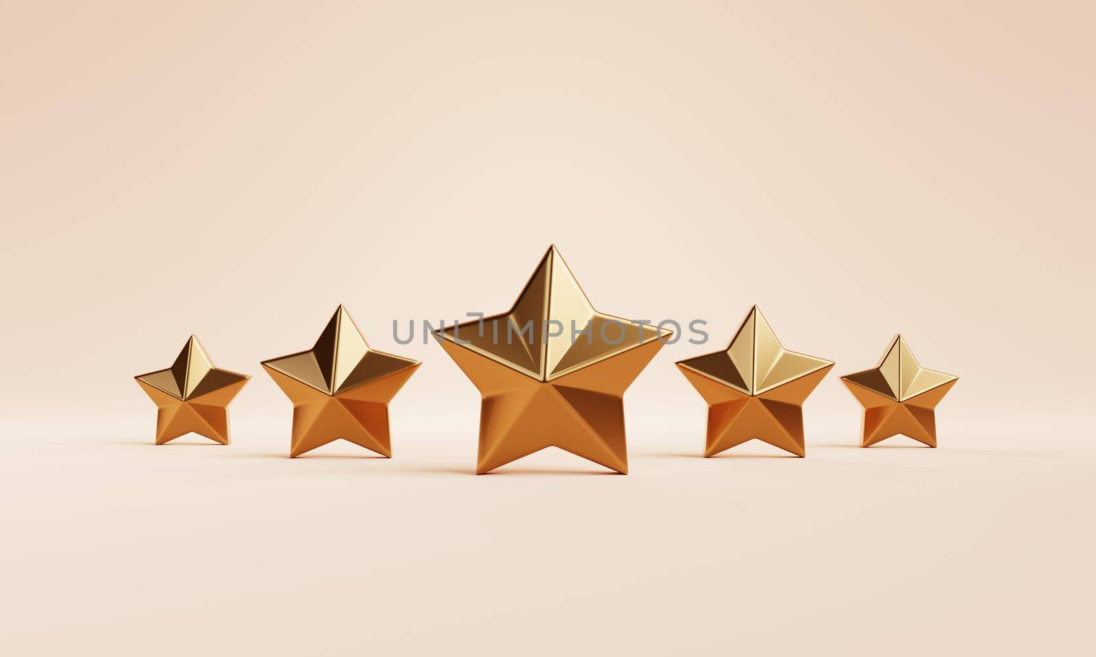 Five golden stars feedback rank vote on orange background. Opinion and marketing survey concept. 3D illustration rendering by MiniStocker