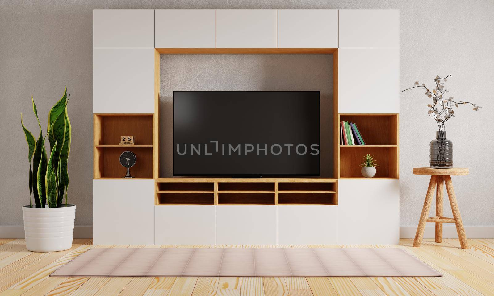 Television on cupboard on the middle of modern living room background. Interior and Architecture concept. 3D illustration rendering