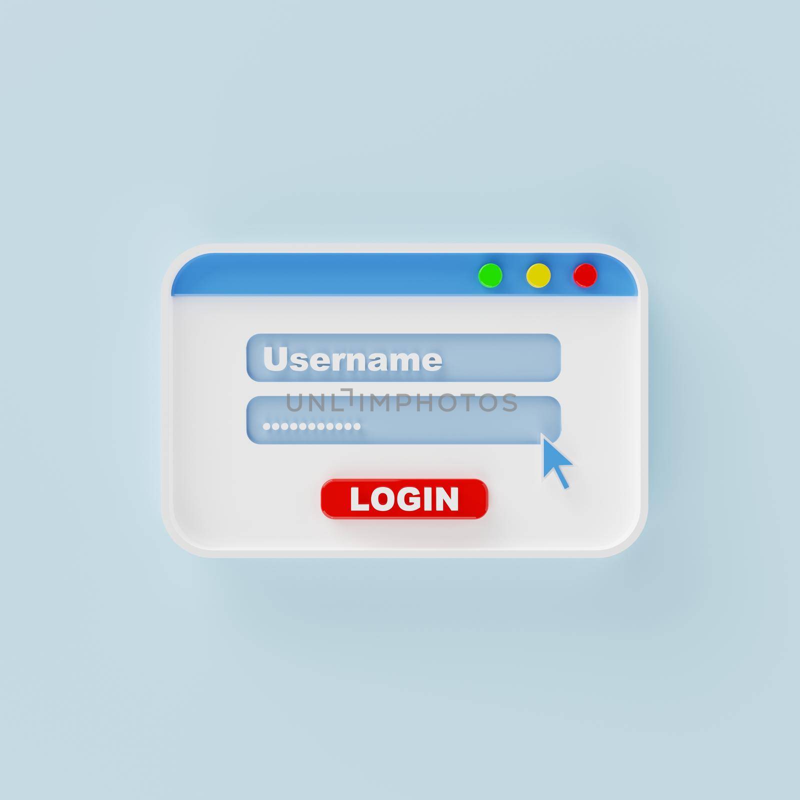 Login Username and password user interface pop-up window on blue background. Computer operating system internet browser and social network concept. 3D illustration rendering