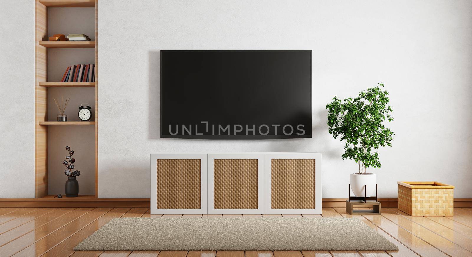 TV above wooden cabinet in modern empty room with bookshelf book plants basket and carpet on floor wooden. Architecture and interior concept. 3D illustration rendering by MiniStocker