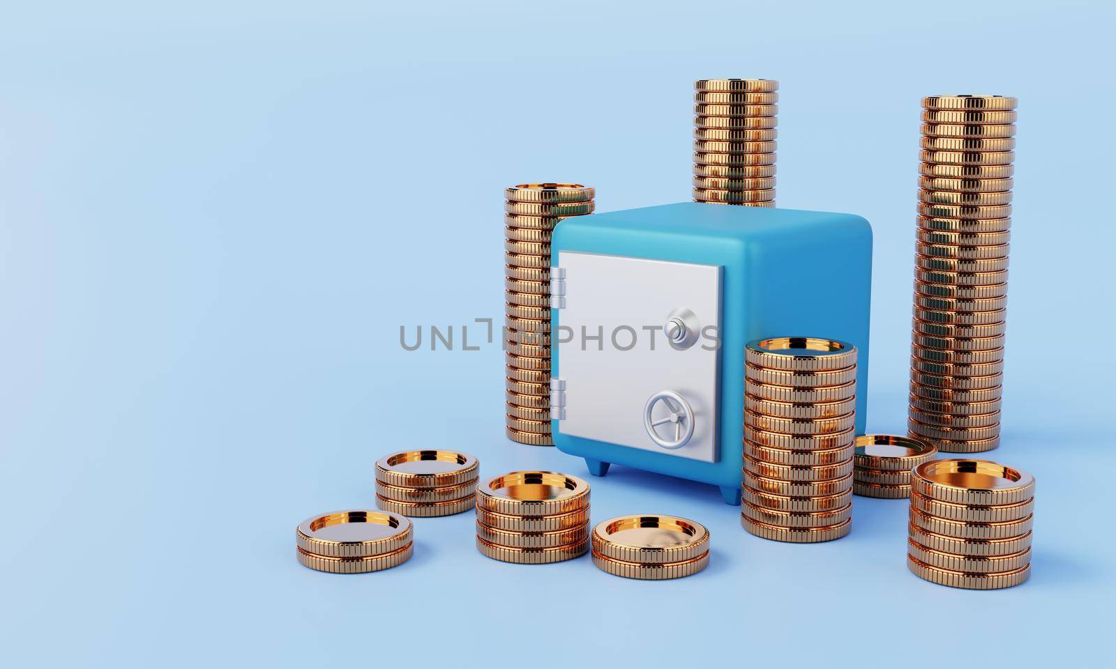 Safe box with golden coins on blue background. Financial economic and money savings security concept. 3D illustration concept.