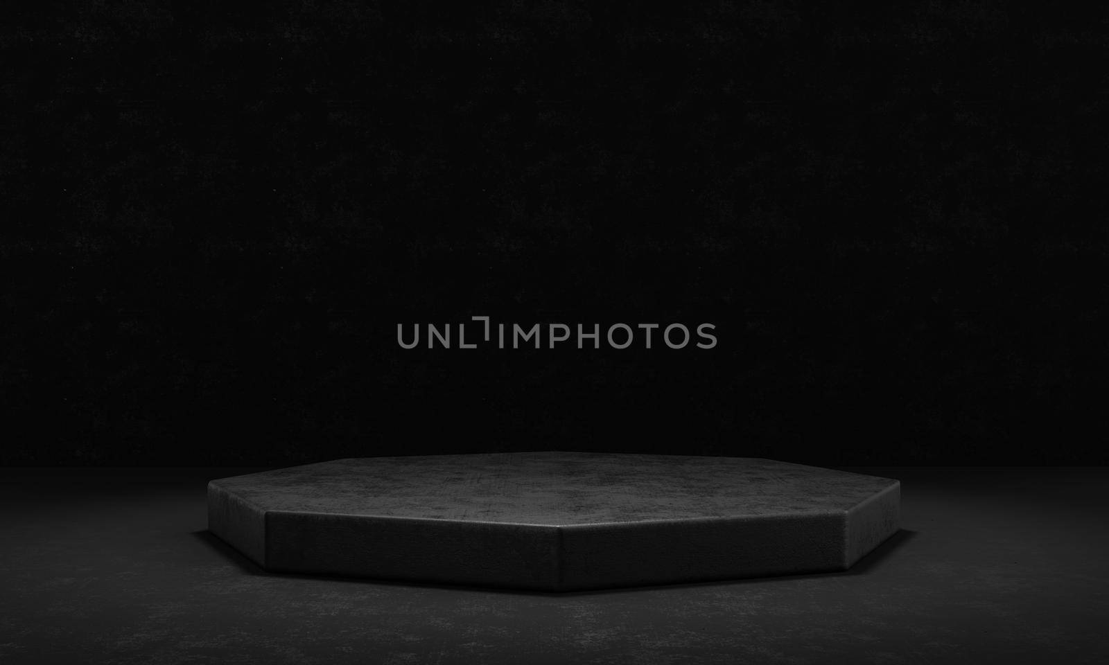 Black cement and concrete octagon stage podium with spotlight and dark grunge wall background. Abstract and object for advertising concept. 3D illustration rendering by MiniStocker