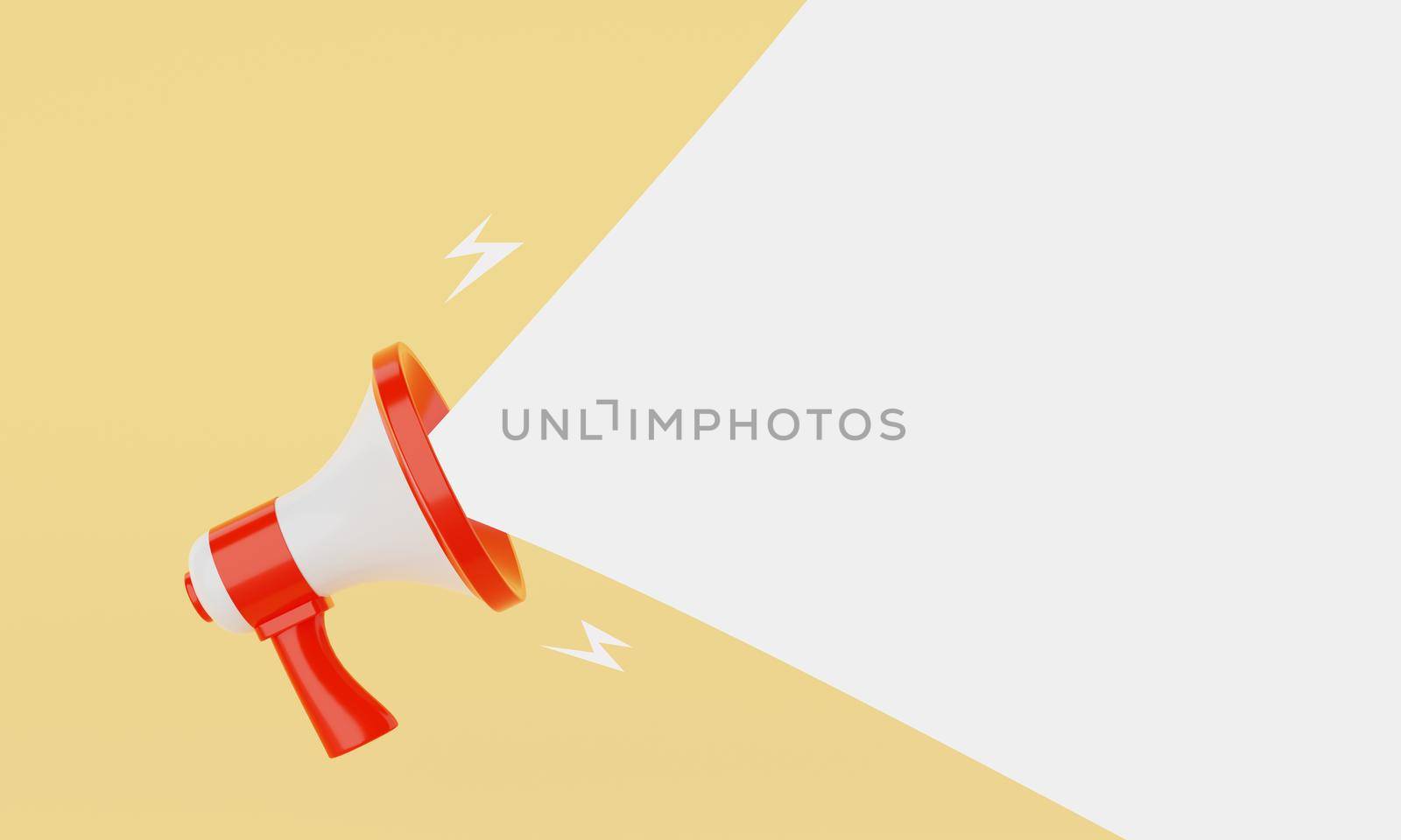 Red and white megaphone announcing white empty blank space message balloon on yellow background. Business and marketing concept. 3D illustration rendering by MiniStocker
