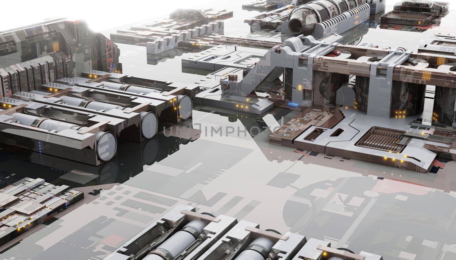 Space military base with innovative construction technology background. Sci-fi and industrial concept. 3D illustration rendering by MiniStocker