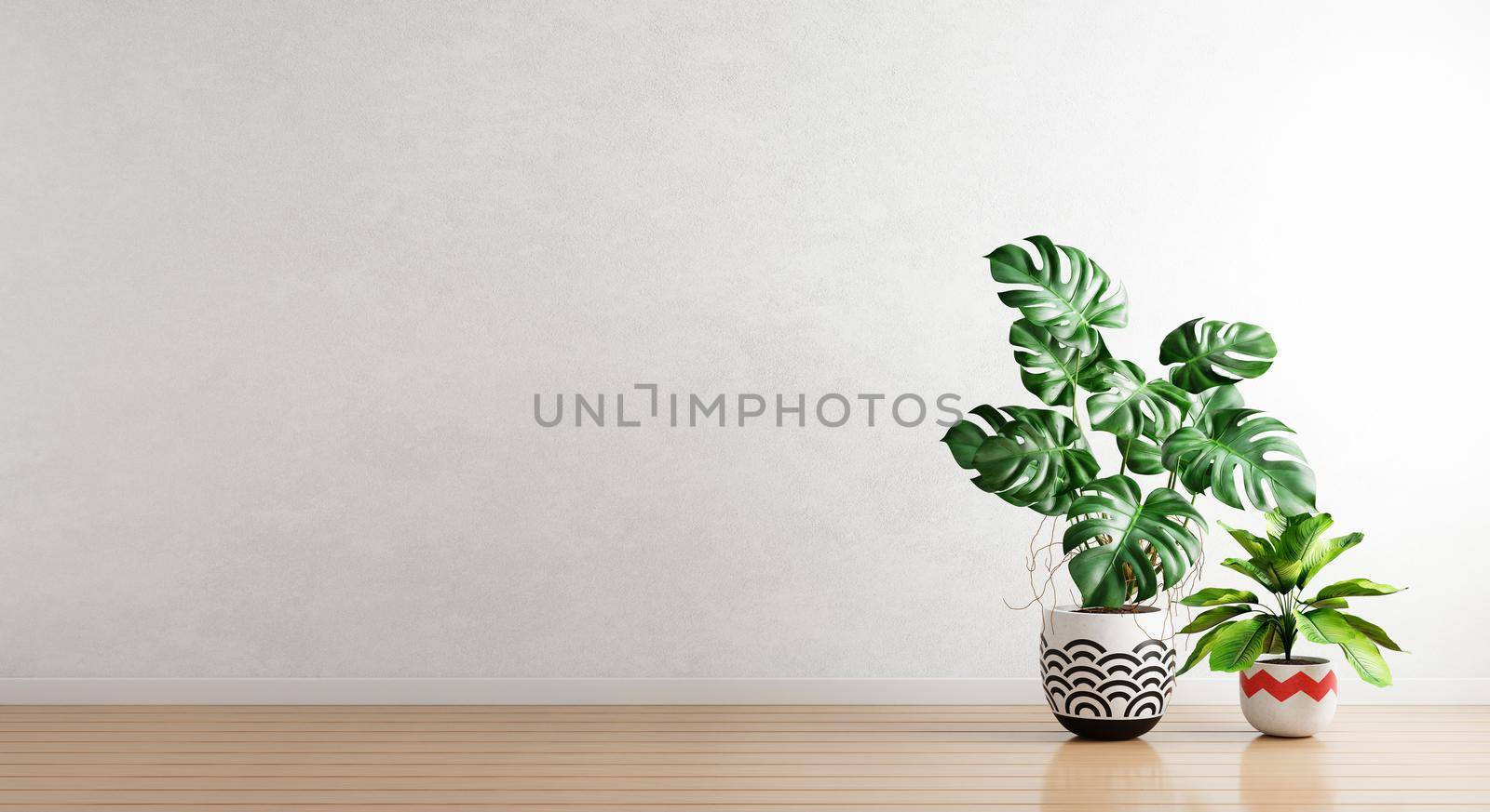 Green plants in houseplants pot with white empty wall background. Interior architecture and natural concept. 3D illustration rendering by MiniStocker