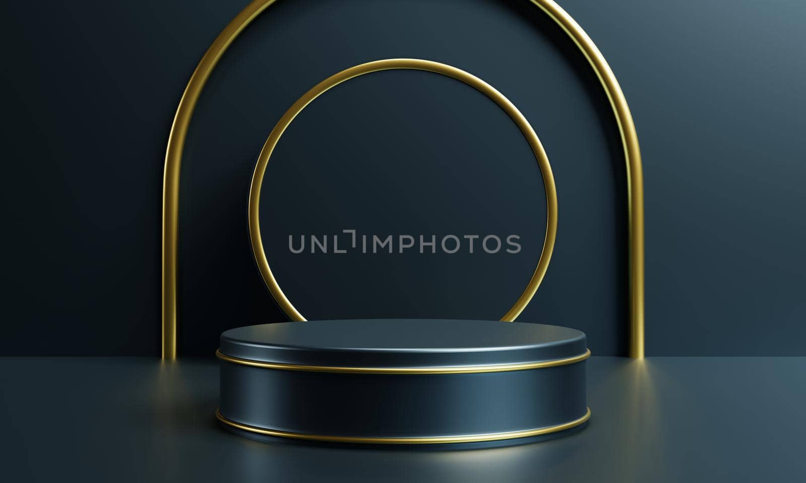 Luxury gold and dark blue podium for cosmetics advertising template background. Object and business mockup concept. 3D illustration rendering