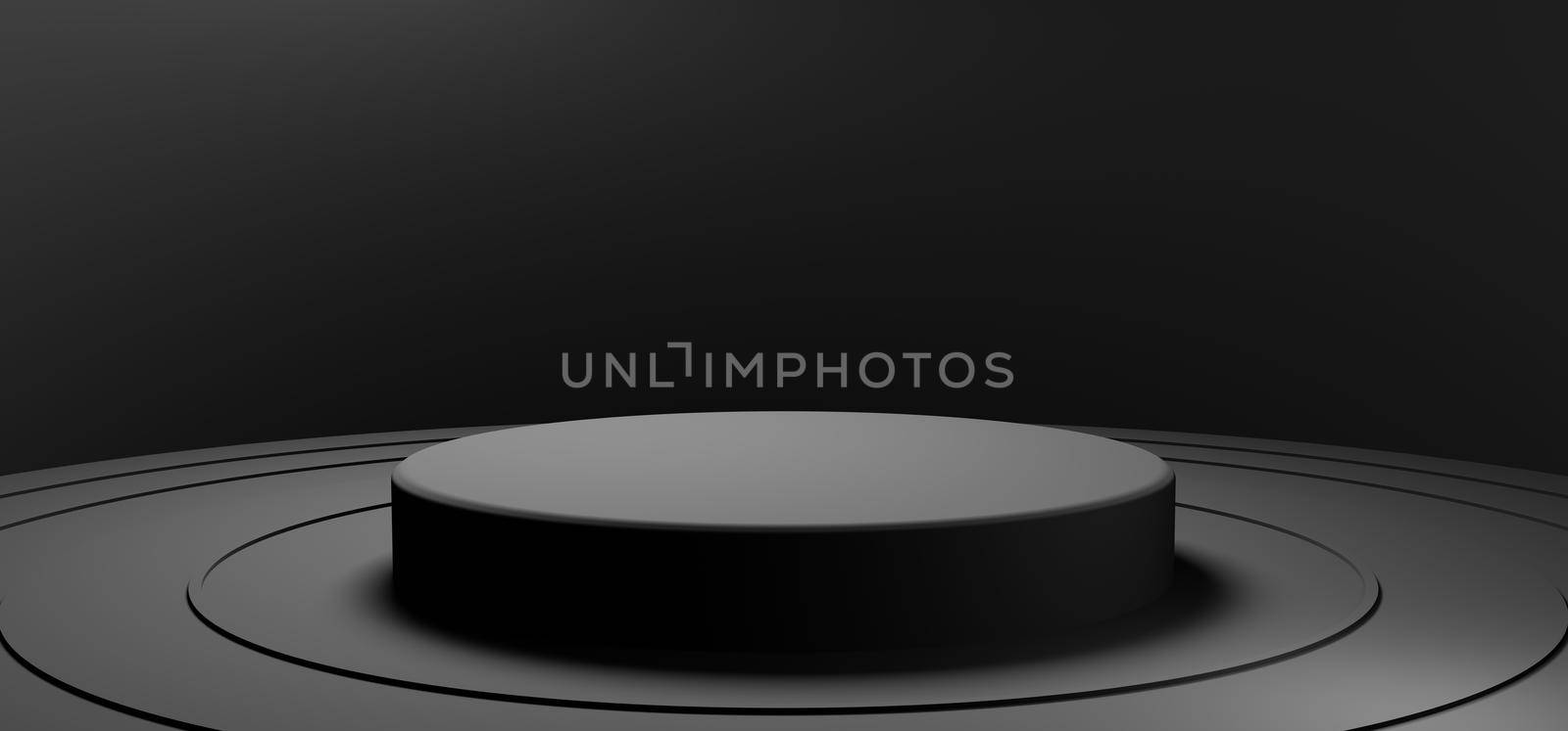 Minimal black round product podium showcase stage on circular background. Abstract object and business advertising concept. 3D illustration rendering