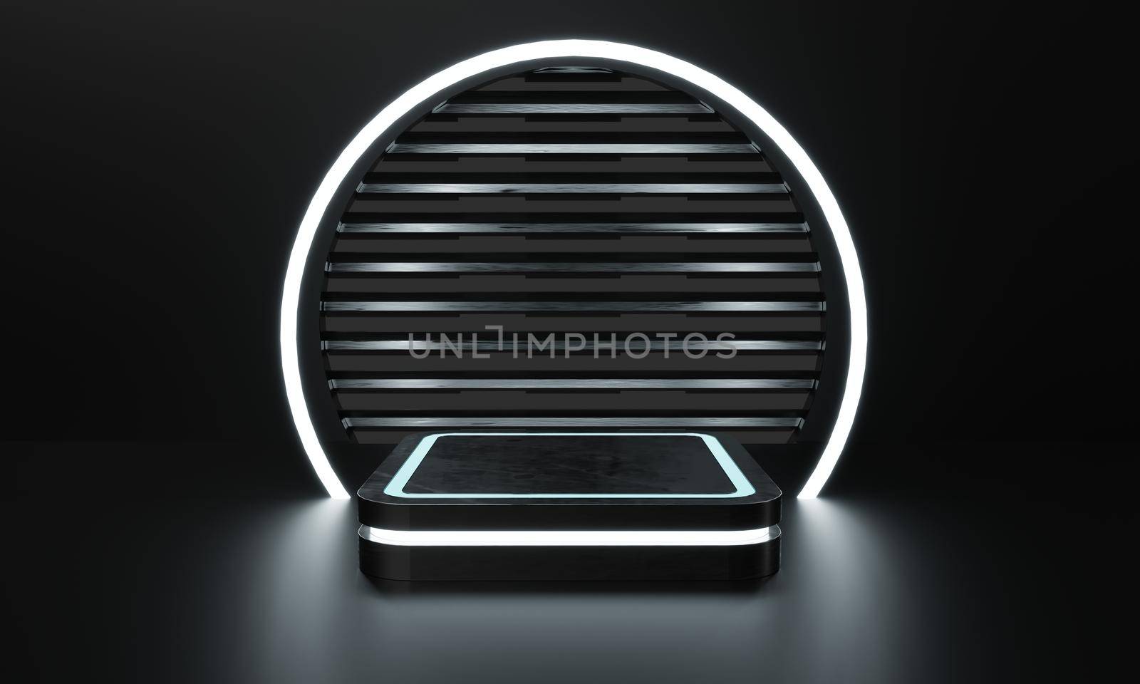 Modern product showcase sci-fi podium with blue-green and white glowing light neon background. Technology and object concept. 3D illustration rendering