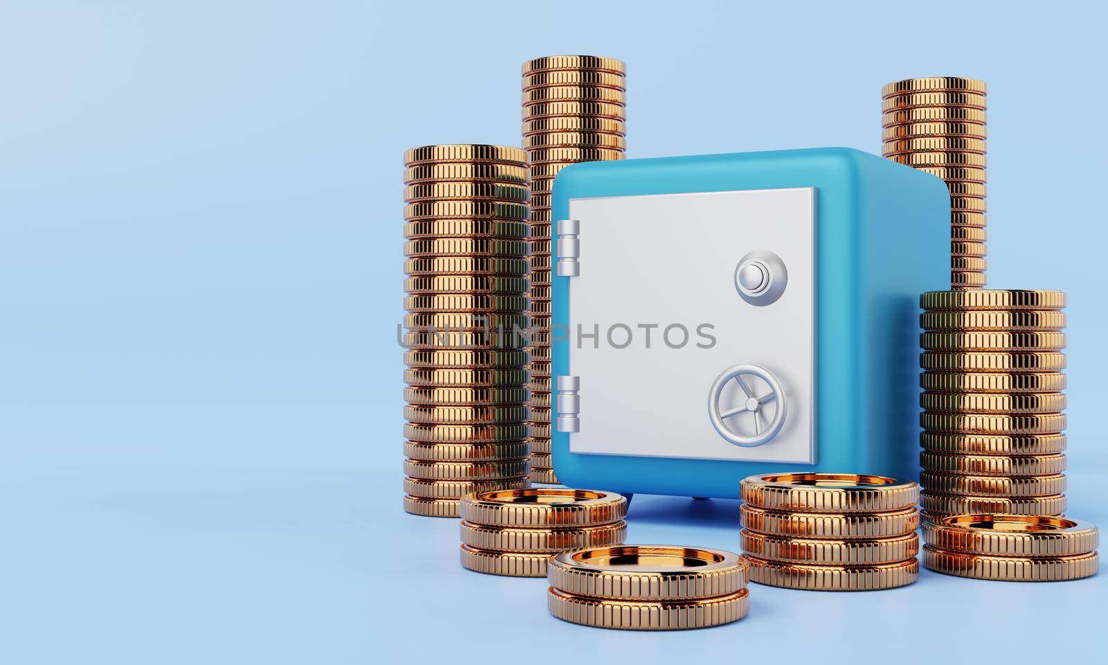 Safe box with golden coins on blue background. Financial economic and money savings security concept. 3D illustration concept. by MiniStocker