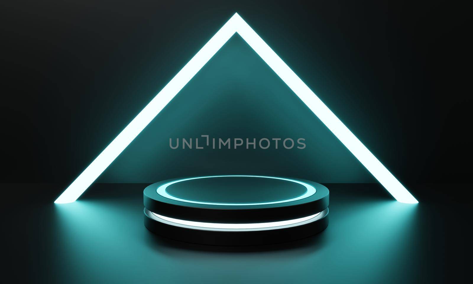 Modern product showcase sci-fi podium with blue green glowing light neon background. Technology and object concept. 3D illustration rendering by MiniStocker