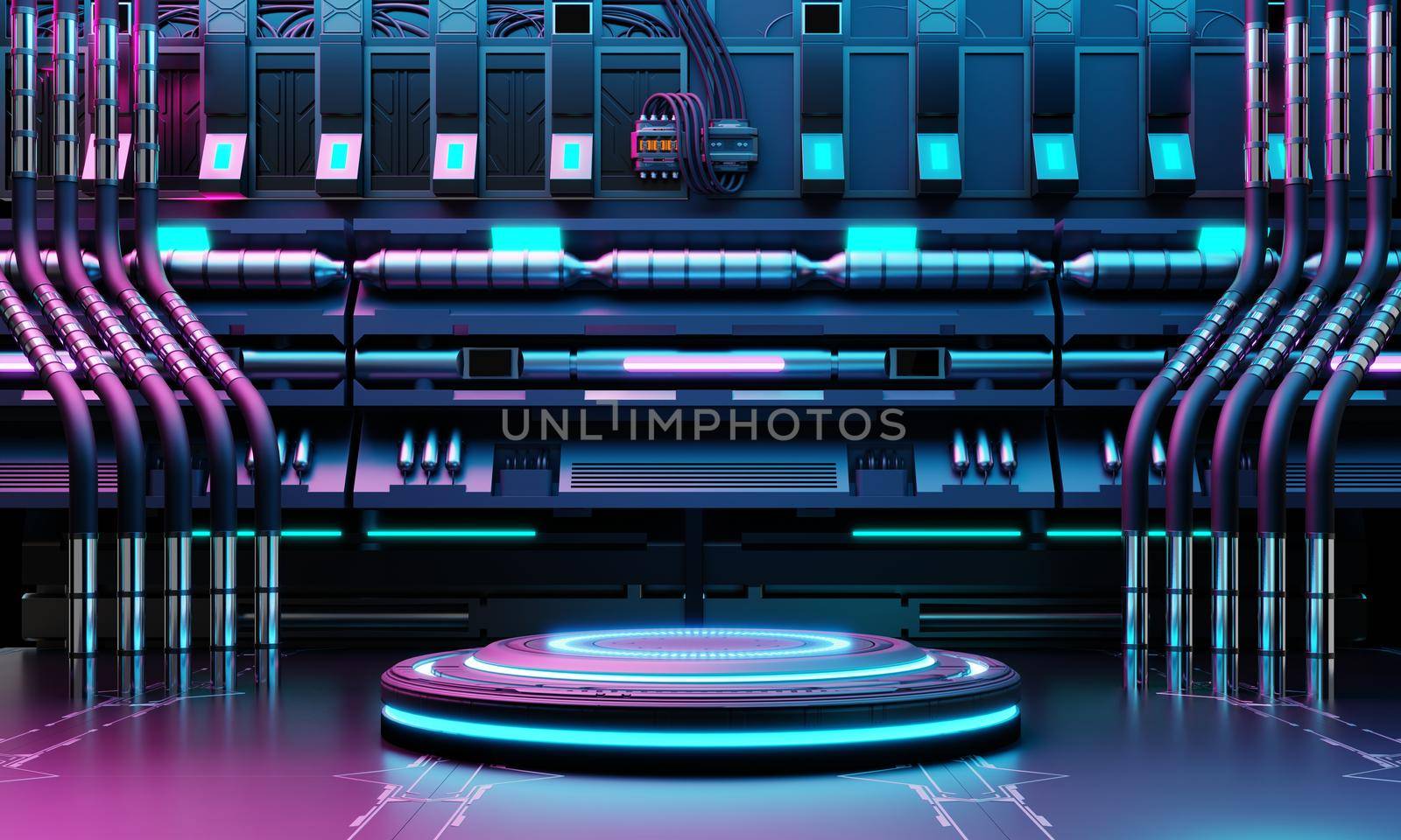 Cyberpunk sci-fi product podium showcase in spaceship base with blue and pink background. Technology and object concept. 3D illustration rendering