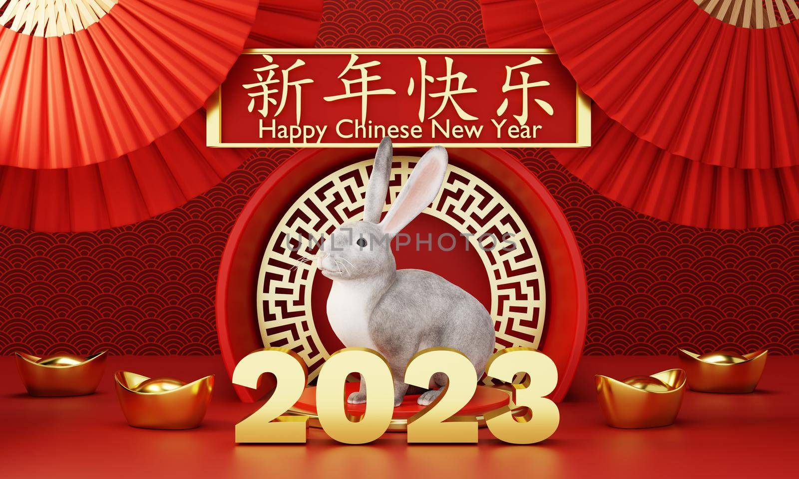 Chinese new year 2023 year of rabbit or bunny on red Chinese pattern with hand fan background. Holiday of Asian and traditional culture concept. 3D illustration rendering