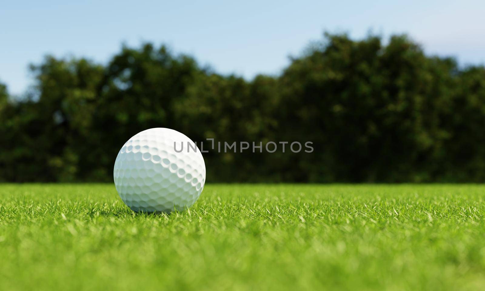 Golf ball on grass in fairway green background. Sport and athletic concept. 3D illustration rendering by MiniStocker