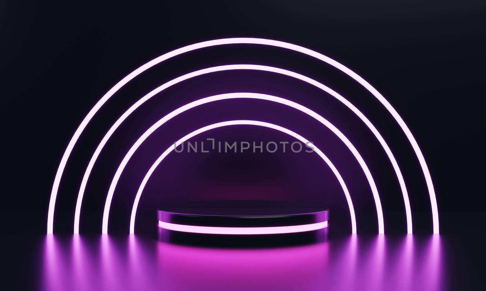 Modern round product showcase sci-fi podium with pink glowing light neon ring frame background. Technology and object concept. 3D illustration rendering