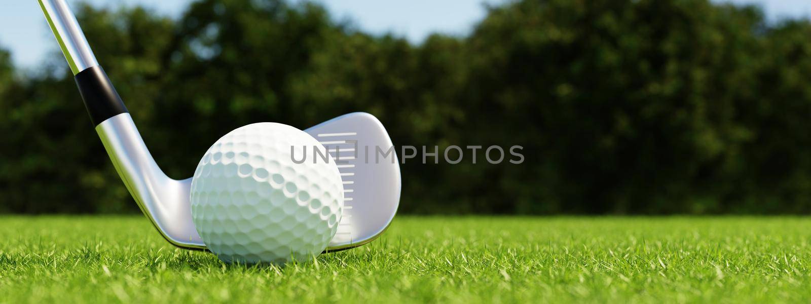 Golf ball and golf club with fairway green background. Sport and athletic concept. 3D illustration rendering by MiniStocker