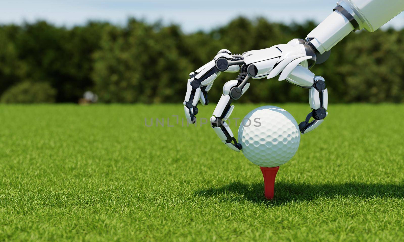Robot arm putting golf ball on tee as caddy or player with fairway green background. Sport athletic and technology concept. 3D illustration rendering by MiniStocker