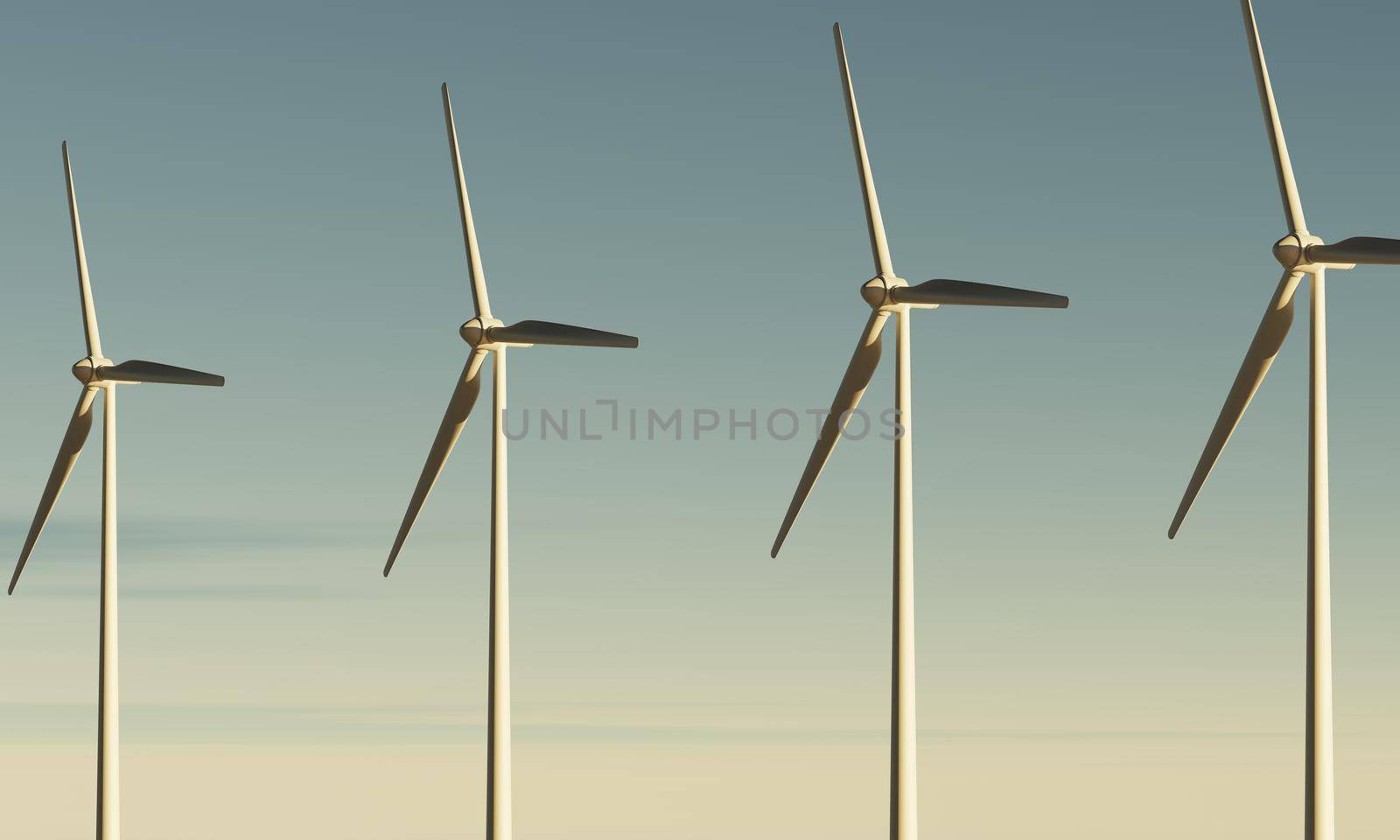 Wind turbines spinning to generate electricity for households on sea with dawn sky as renewable power plant. clean and sustainable energy concept. 3D illustration rendering
