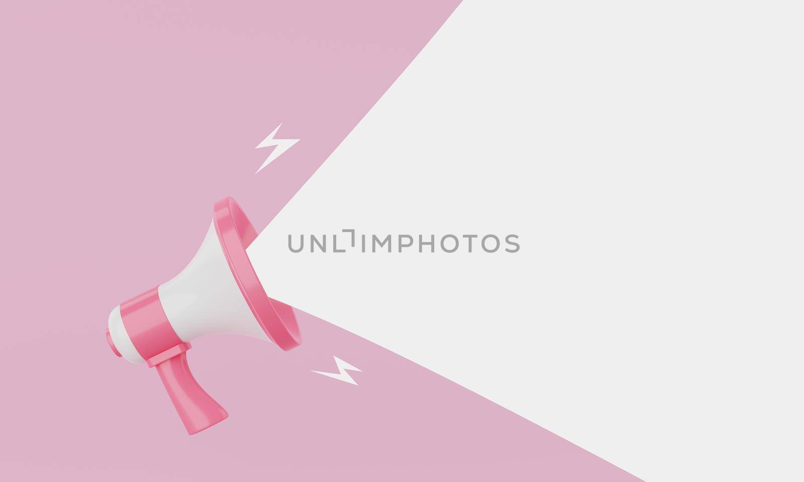 Pink pastel and white megaphone announcing white empty blank space message balloon on blue background. Business and marketing concept. 3D illustration rendering