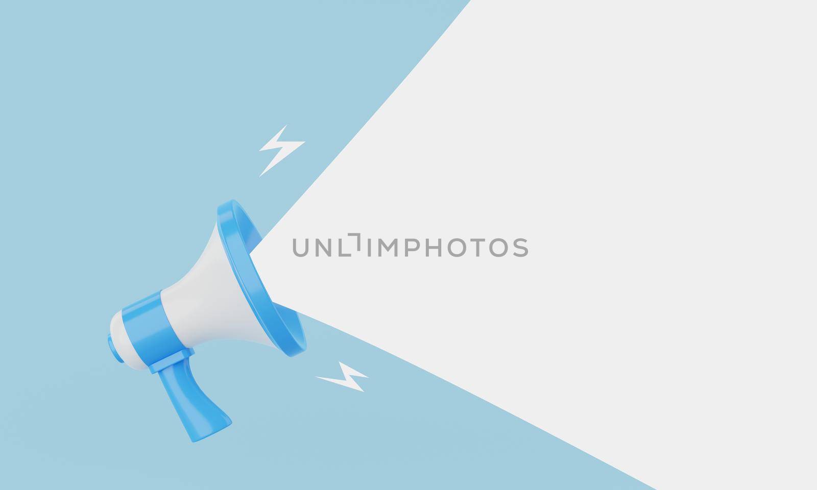 Blue pastel and white megaphone announcing white empty blank space message balloon on blue background. Business and marketing concept. 3D illustration rendering