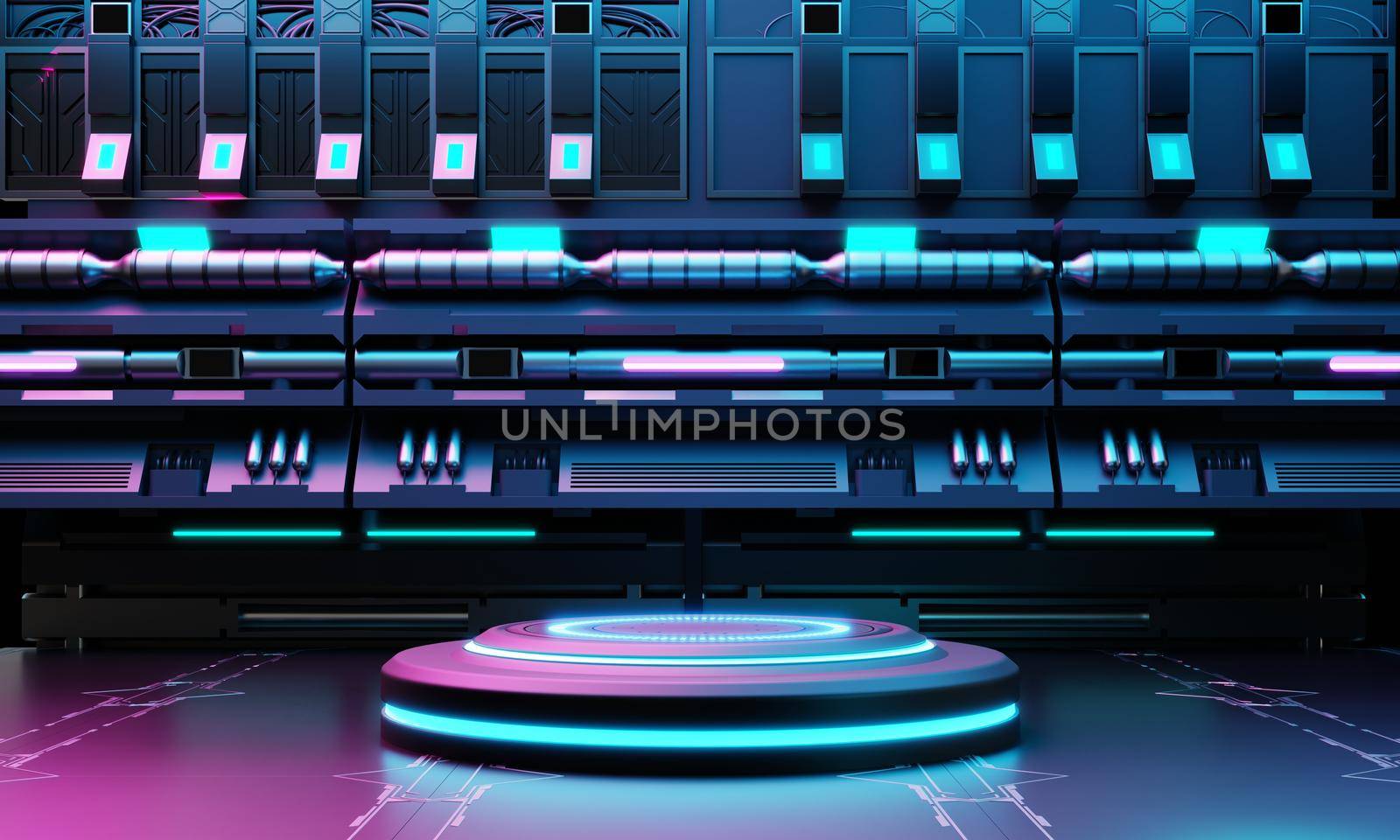 Cyberpunk sci-fi product podium showcase in spaceship base with blue and pink background. Technology and object concept. 3D illustration rendering by MiniStocker