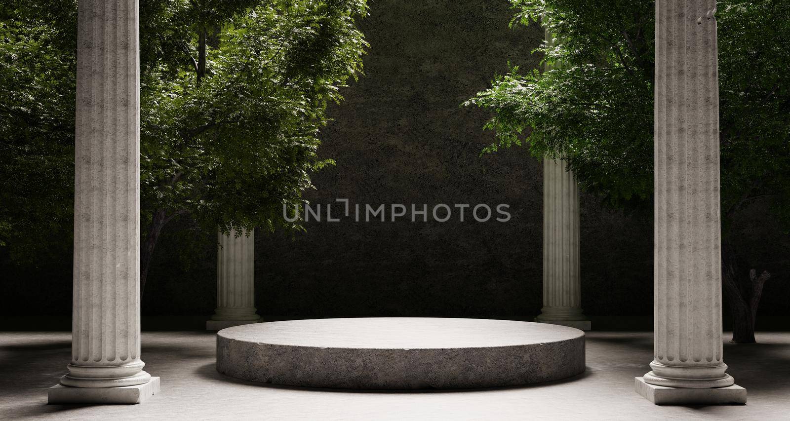 Round stone platform with Corinthian pillars and natural trees with shadow background. Historical and landmark object for advertising concept. 3D illustration rendering