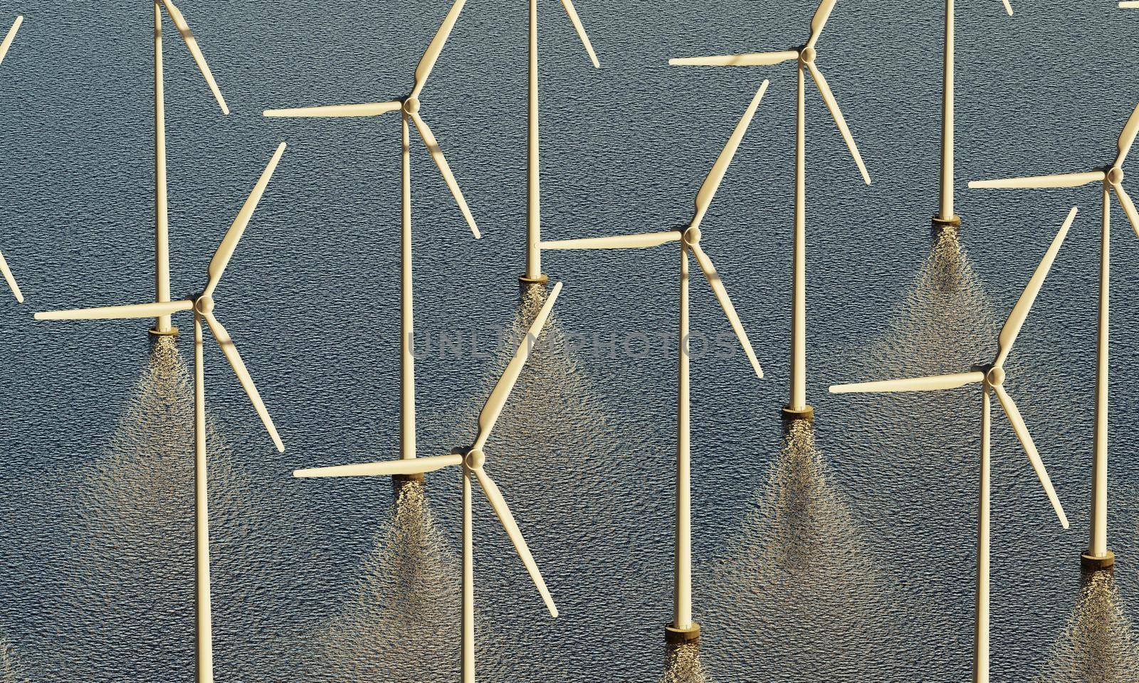 Wind turbines spinning to generate electricity for households on sea as renewable power plant. clean and sustainable energy concept. 3D illustration rendering