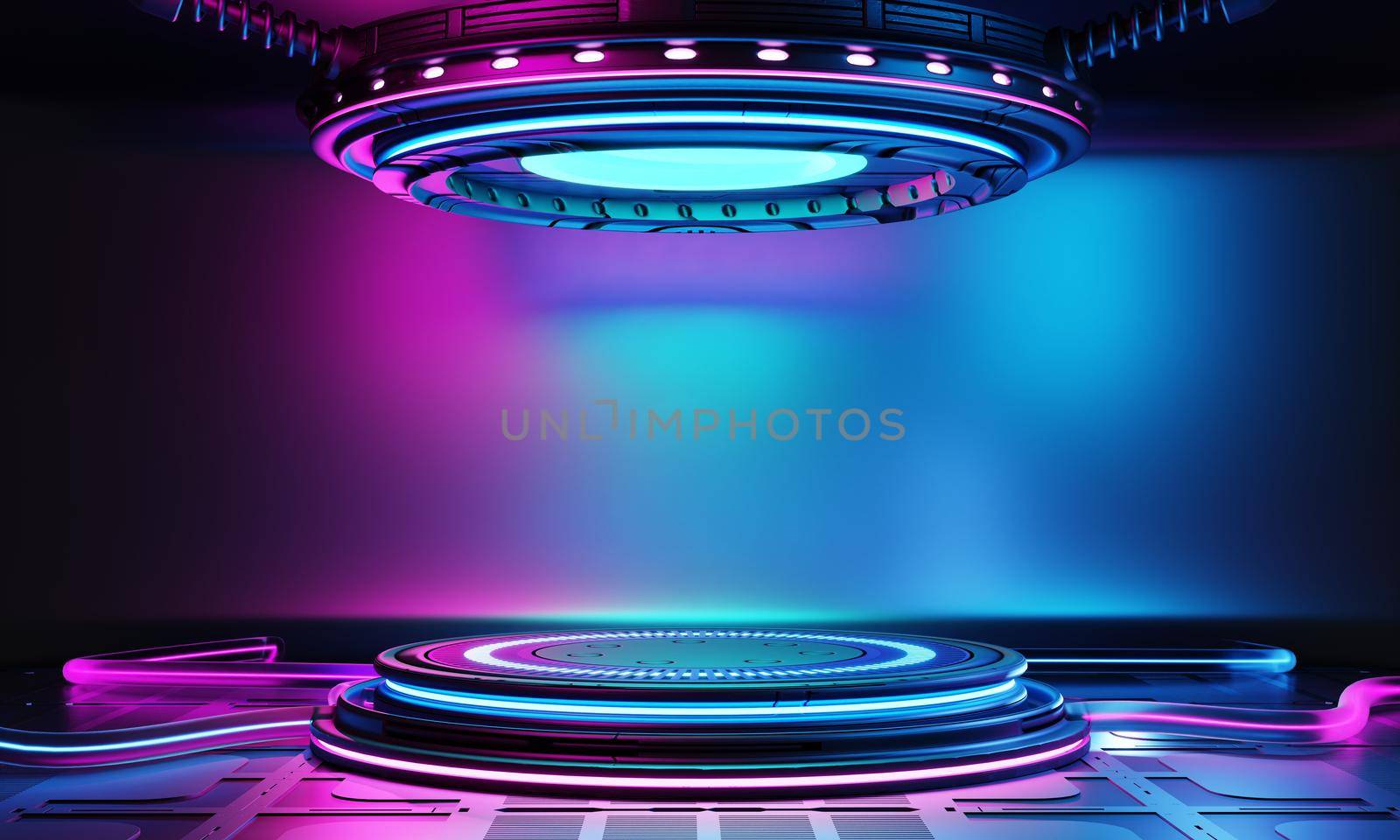 Cyberpunk sci-fi product podium showcase in empty room with blue and pink background. Technology and entertainment object concept. 3D illustration rendering by MiniStocker