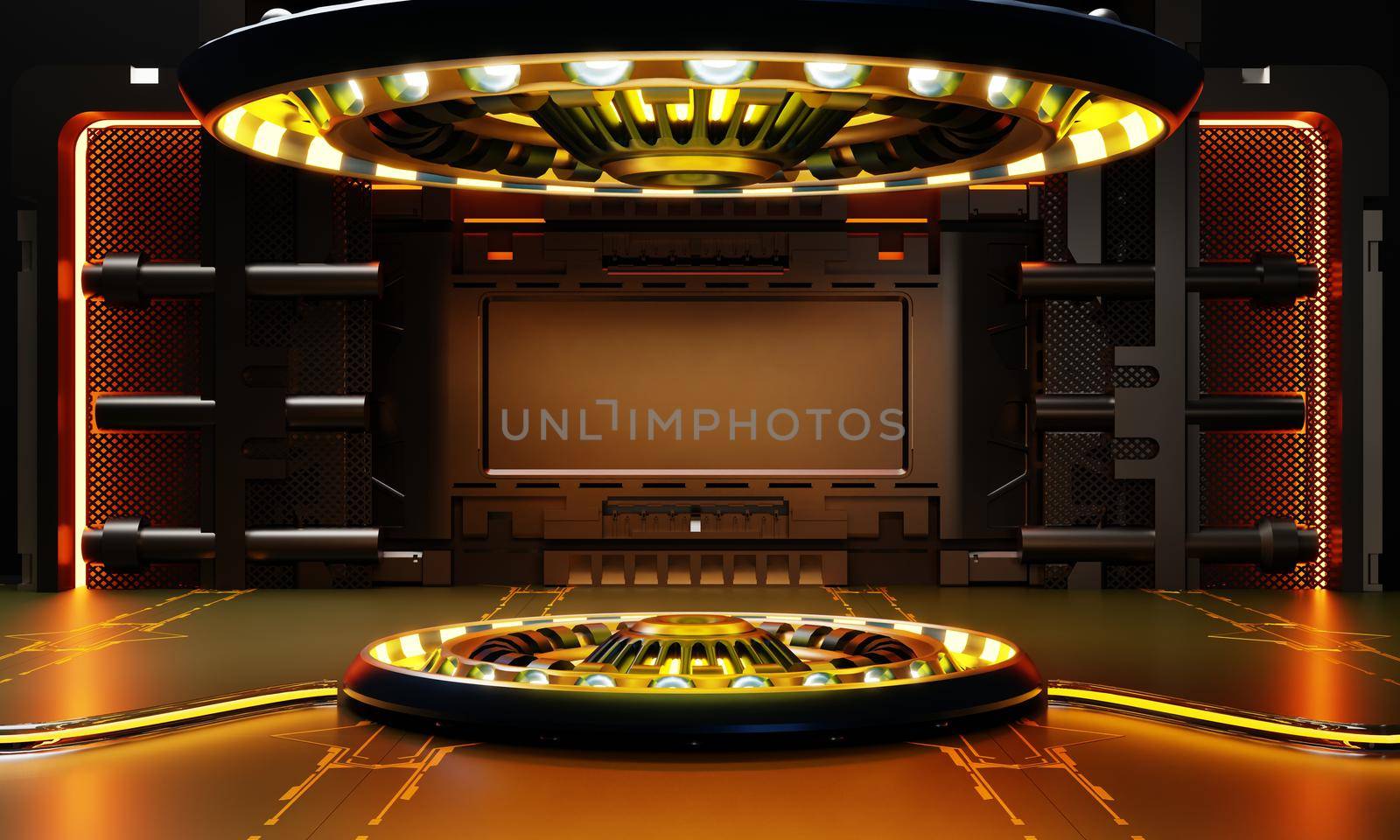 Sci-fi product podium showcase in spaceship with orange light background. Space technology and object concept. 3D illustration rendering