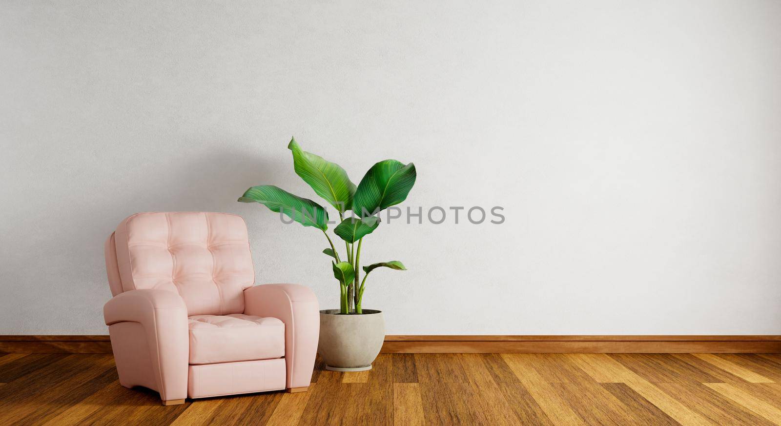 Pink sofa on empty white wall with wooden parquet floor in living room background. Architecture and interior. 3D illustration rendering