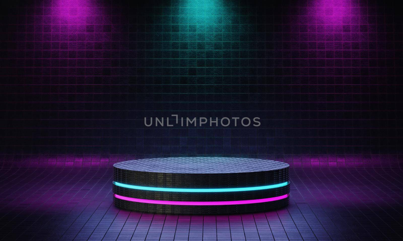 Cyberpunk product podium platform studio with blue and violet spotlight and grunge style textured background. Retro stage and Futuristics scene concept. 3D illustration rendering graphic