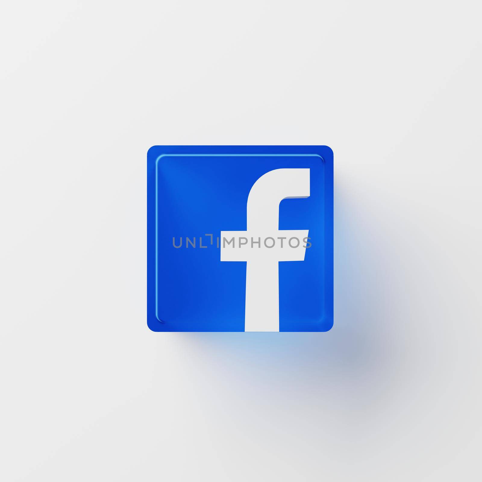 Chonburi, Thailand - Apr 15, 2021: A close up Facebook logo icon on isolated white background. Facebook is largest social media website in the world, shallow depth of field. 3D illustration rendering