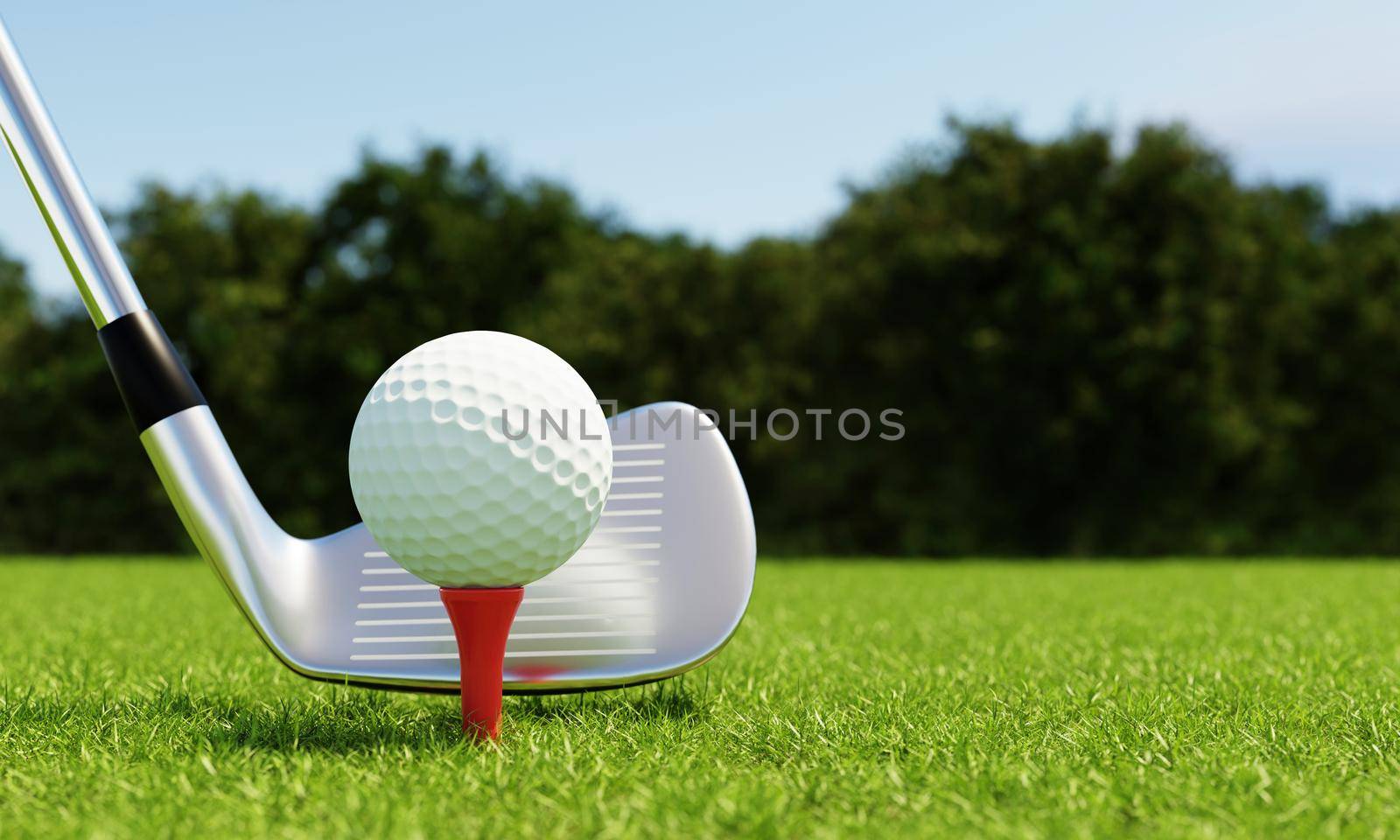 Golf ball on tee and golf club with fairway green background. Sport and athletic concept. 3D illustration rendering