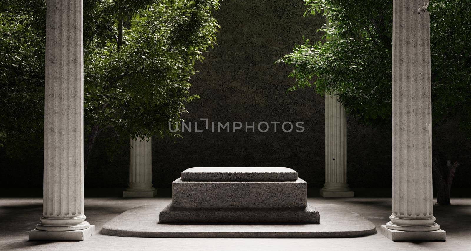 Stone platform with Corinthian pillars and natural trees with shadow background. Historical and landmark object for advertising concept. 3D illustration rendering by MiniStocker