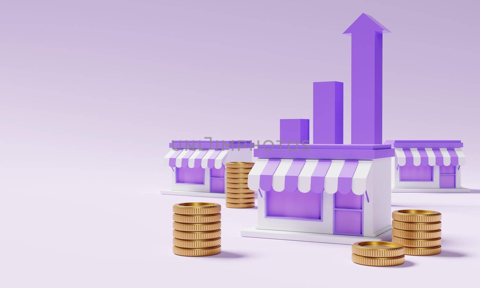 Store money coin and bar chart with copy space on purple background. Financial and E-commerce concept. 3D illustration rendering