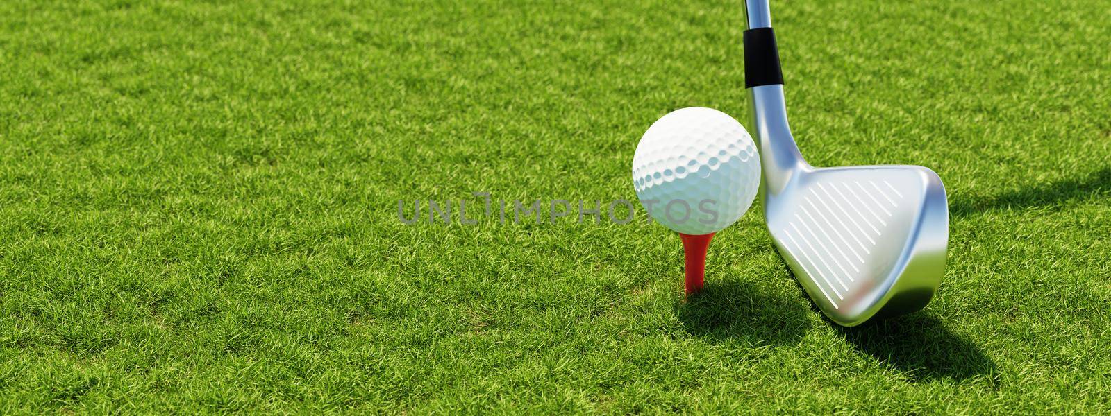 Golf ball on tee and golf club with fairway green background. Sport and athletic concept. Banner for advertising with copy space. 3D illustration rendering