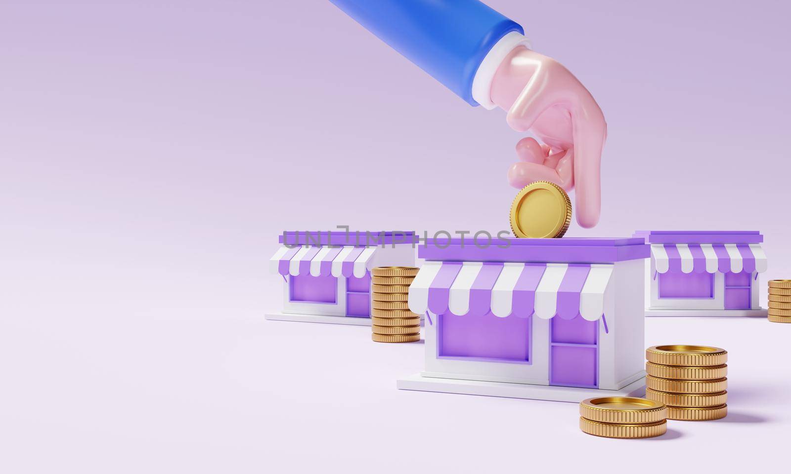 Collect money from a start-up business mini-mart that owns a business with businessman hand as an entrepreneur. Financial economy e-commerce and money-saving money concept. 3D illustration rendering by MiniStocker