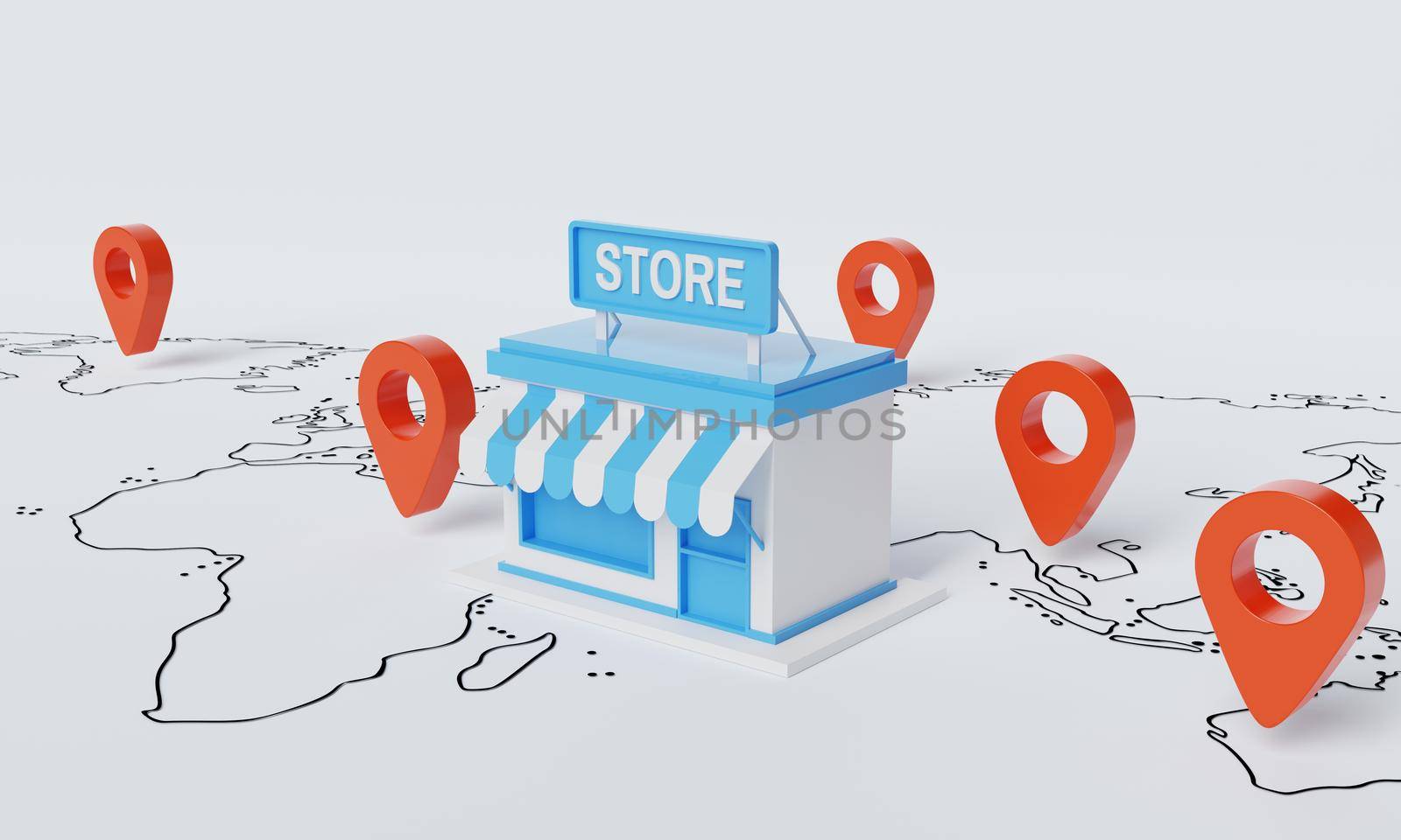 Store shop with location pin as franchising of famous branding on the white map background. Business startup owner and entrepreneur communication information concept. 3D illustration rendering by MiniStocker