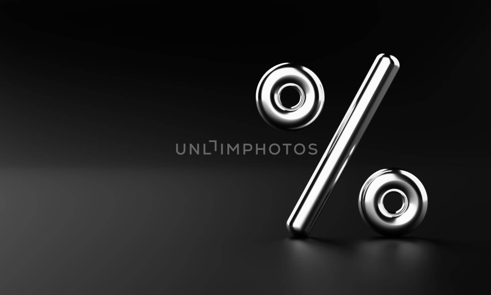 Silver percentage sign on black background with copy space. Mathematics and Business financial economic concept. Black Friday midnight sale theme. 3D illustration rendering