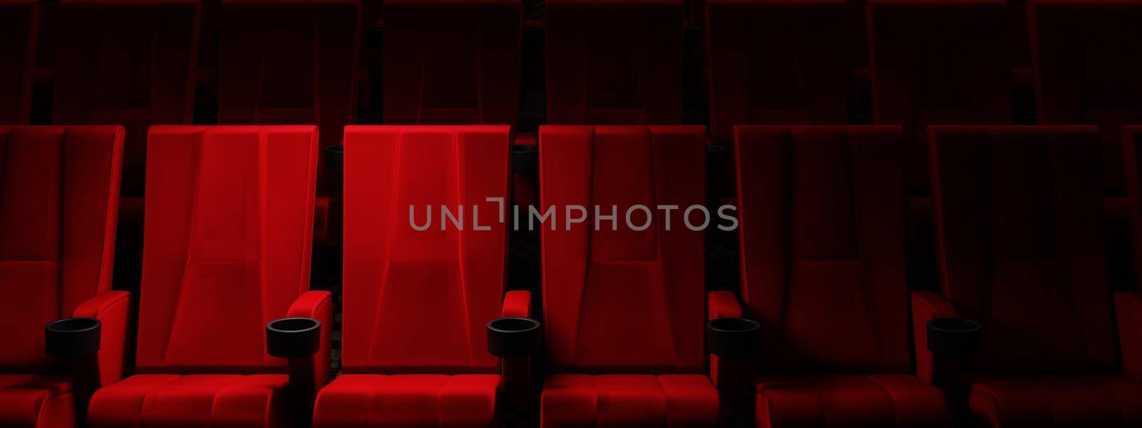 Rows of red velvet seats watching movies in the cinema with spotlight only couple deluxe seat background. Entertainment and Theater concept. 3D illustration rendering