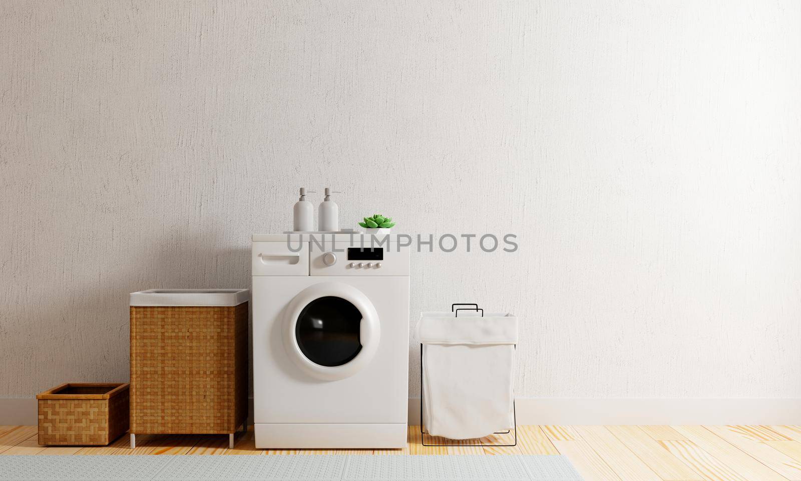 Washing machine in the kitchen with copy space. Laundry and interior concept. 3D illustration rendering