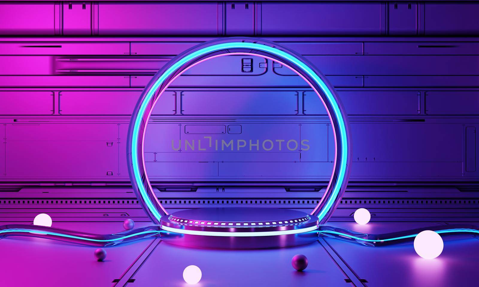Inside spaceship laboratory interior architecture and empty podium for cyberpunk product presentation. Technology and Sci-fi concept. 3D illustration rendering by MiniStocker