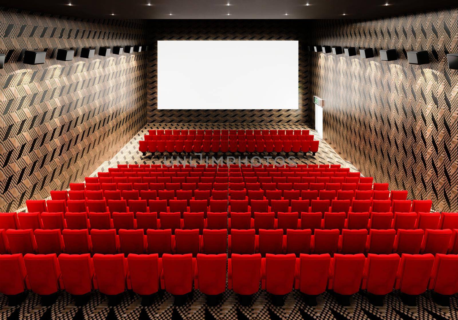 Blank white luminous cinema movie theatre screen with realistic red rows of seats and chairs with empty copy space background. Movie premiere and Entertainment concept. 3D illustration rendering by MiniStocker