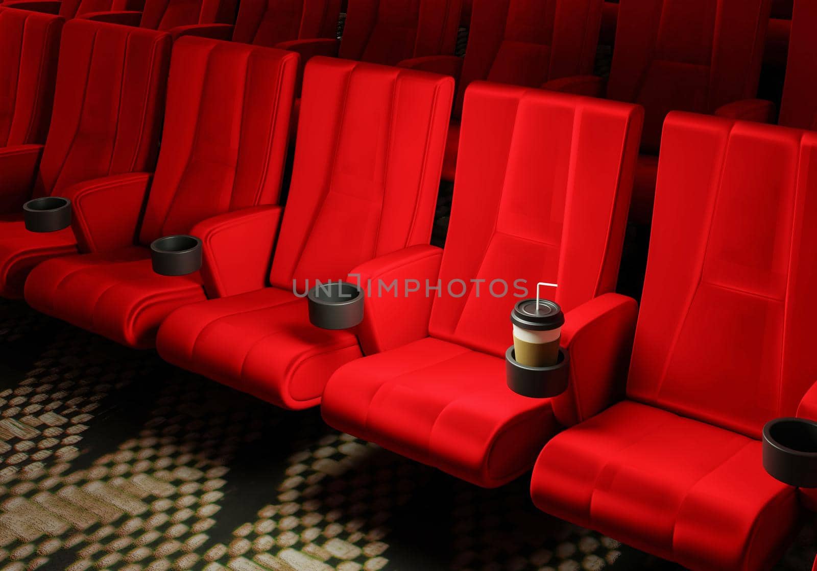 Rows of red velvet seats watching movies in the cinema with copy space banner background. Entertainment and Theater concept. 3D illustration rendering