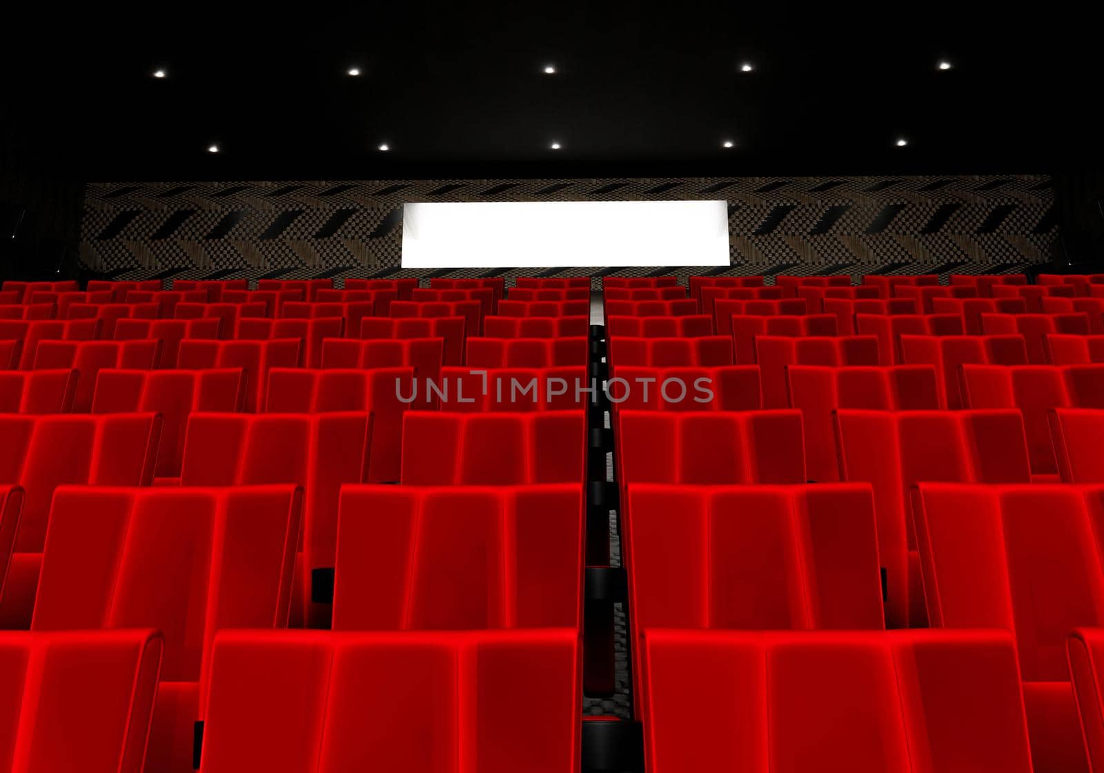 Rows of red velvet seats watching movies in the cinema with copy space banner background. Entertainment and Theater concept. 3D illustration rendering