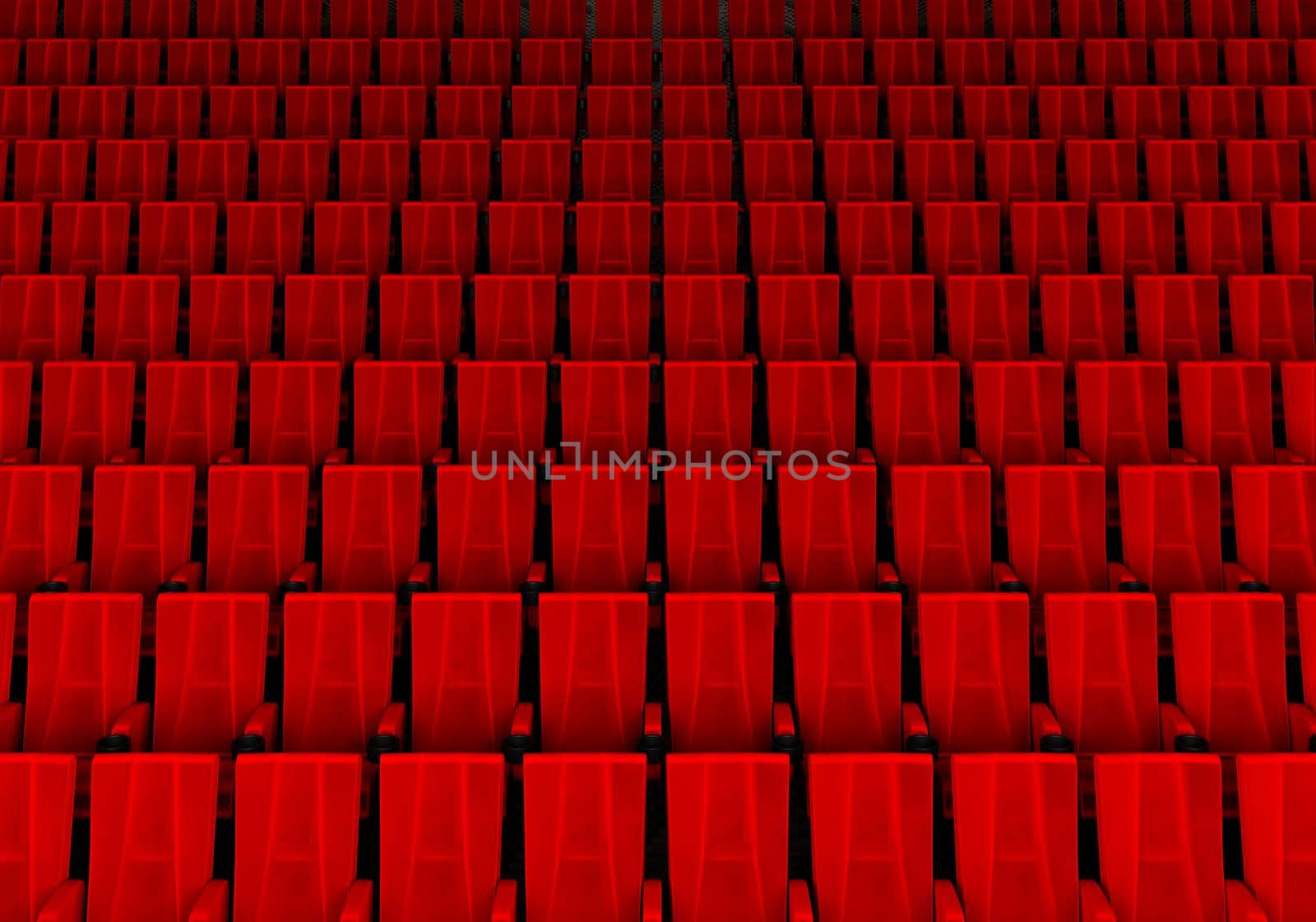 Rows of red velvet seats watching movies in the cinema with copy space banner background. Entertainment and Theater concept. 3D illustration rendering