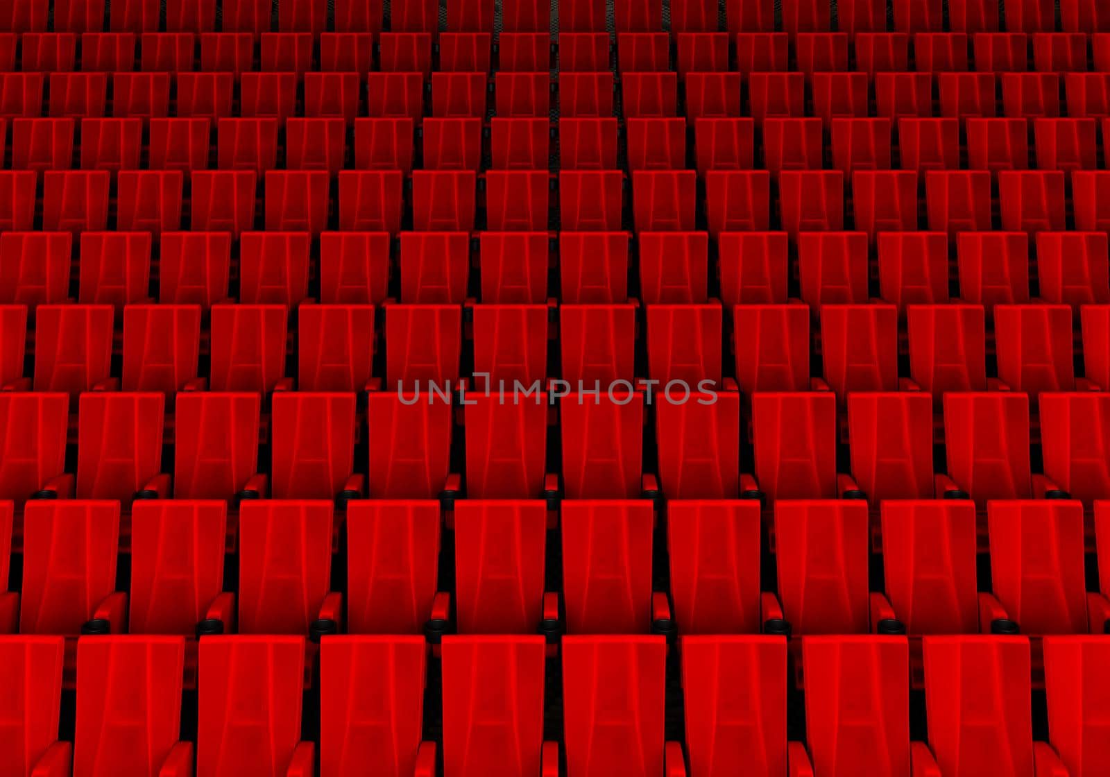 Rows of red velvet seats watching movies in the cinema with copy space banner background. Entertainment and Theater concept. 3D illustration rendering